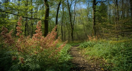 Fototapeta premium Natural summer forest setting with lush green canopy and clear sky highlighting blossoming plants