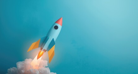 Fototapeta premium Paper rocket blasting off with copy space on blue background symbolizing school day beginning