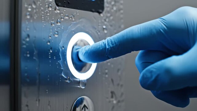A gloved finger firmly presses the illuminated elevator button, surrounded by sleek metal panels. Water droplets glisten, adding a cutting-edge feel to the bustling urban scene.