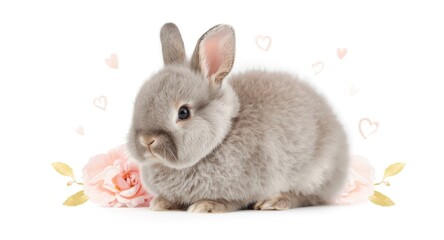Naklejka premium Adorable fluffy grey bunny with pink ears in a white background watercolor surrounded by hearts and pink flowers