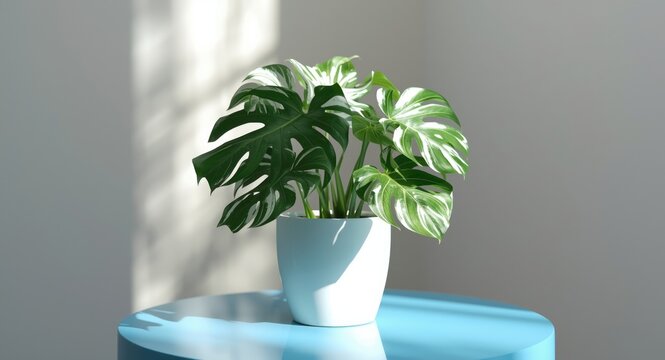 Unique unicorn monstera deliciosa with variegated leaves in a white pot sitting atop a bright blue table with natural light