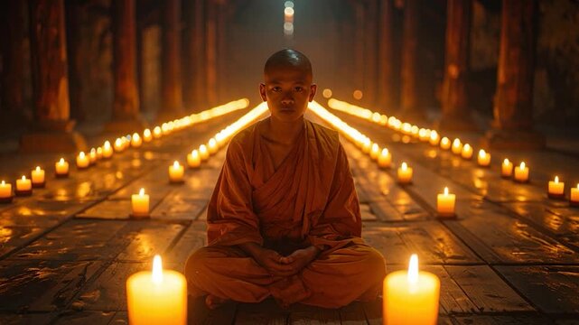 Monk in saffron robe meditates amid rows of candles in a dim hall