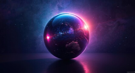 Fototapeta premium Radiant reflective globe showing a colorful spectrum with a cosmic backdrop and copy space