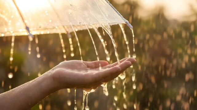 Hand catching raindrops from transparent umbrella on rainy day