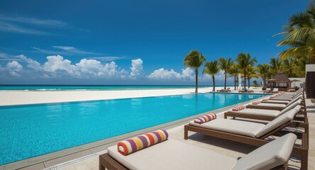 High class hotel pool with vibrant turquoise water and striped towels at a quiet beach location