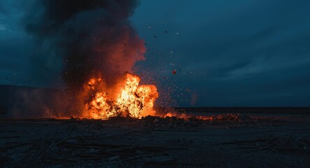 Obraz premium Controlled nighttime explosion with flying debris and bright orange flames in remote setting