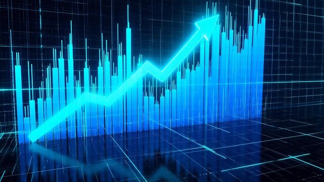 Blue digital bar chart with upward arrow