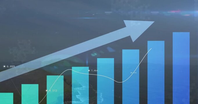 Animation of upward arrow and blue graphs processing data over sky and landscape