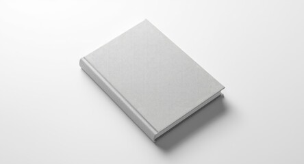 Birds eye perspective of a hardcover book with textured pale gray cover set on white background