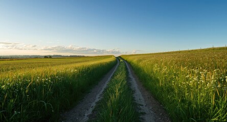 Gentle trail moving through deep green fields under a clear sapphire blue sky