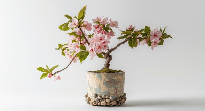 Handmade stocking cherry blossom plant in decoupage pot with small crafted stone details on white background