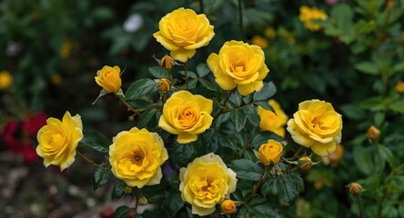 Zoomed image of bright yellow roses in natural environment