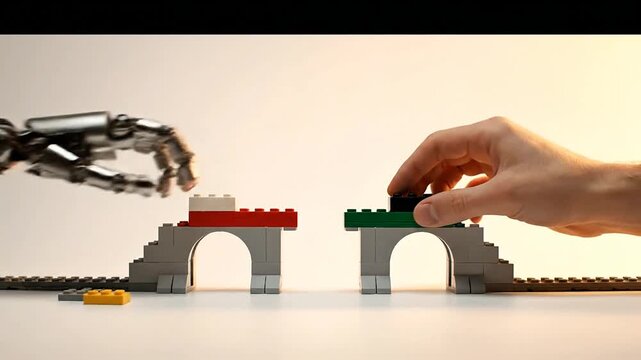 Innovative collaboration between human ingenuity and artificial intelligence, constructing a metaphorical bridge of progress and shared future development