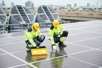 Technicians working on solar panels, showcasing renewable energy and sustainable technology