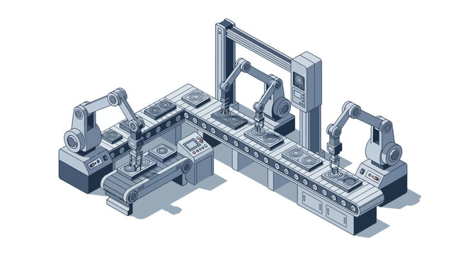 Industrial robotic arms assembly line manufacturing process.