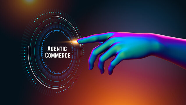 Glowing neon hand interacting with circular digital interface visualizing agentic commerce and autonomous finance agents