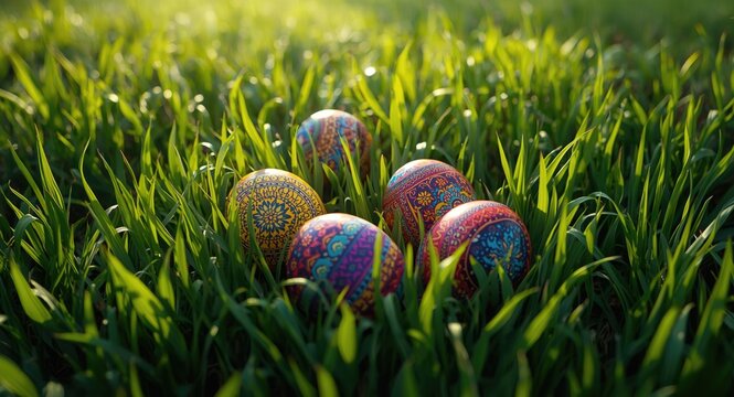 Vibrant Easter eggs resting on healthy green grass with natural light and bright colors