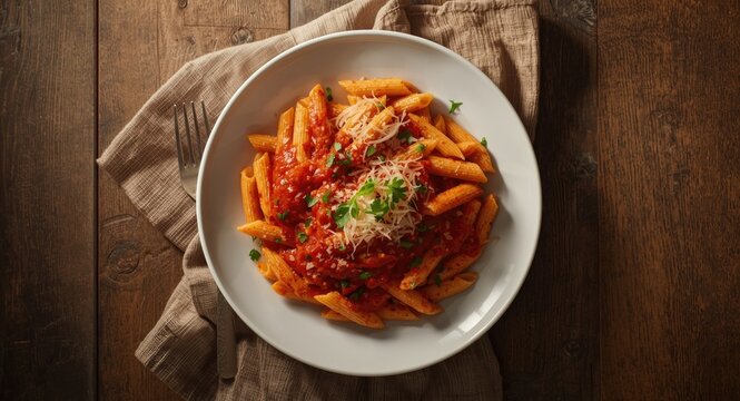 Top perspective of Italian Penne All arrabbiata pasta served hot with fresh sauce and copy space