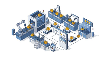Obraz premium Isometric illustration of a modern industrial manufacturing facility with various machinery and equipment.