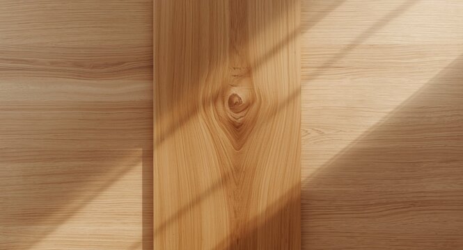 Natural rubberwood panel texture with soft daylight creating copy space