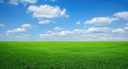 Wide emerald turf field under a clear blue sky highlighted by white clouds and copy space for text