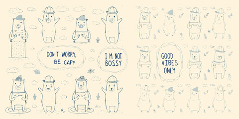 Fototapeta premium Cute hand drawn polar bears with positive messages and whimsical cloud designs