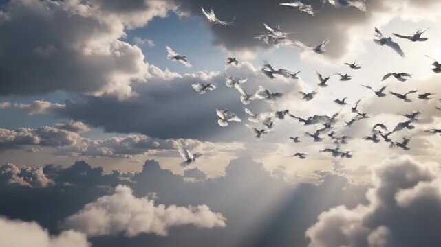 White doves soaring in the sky with sunlight and clouds