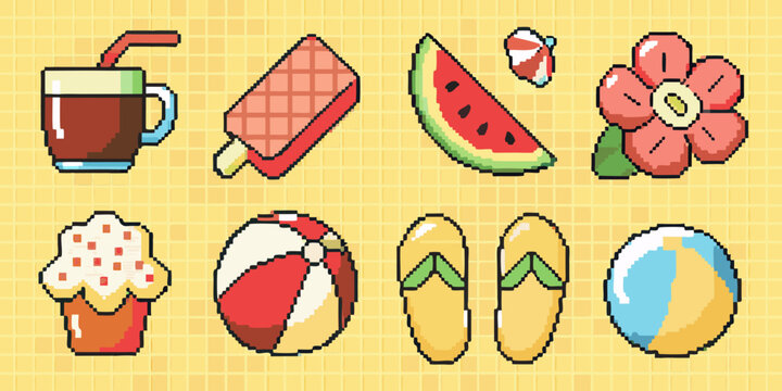 Colorful pixel art icons depicting summer treats and beach accessories