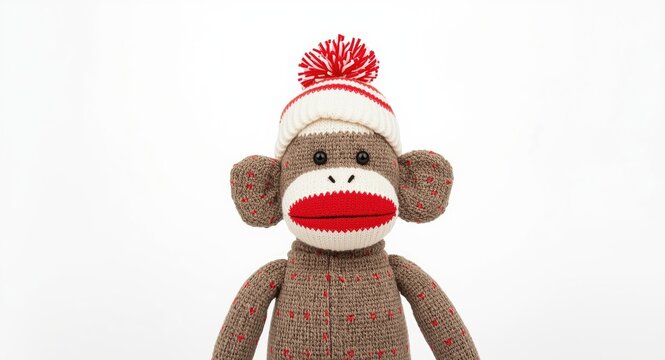 Sock monkey figure with red and white striped hat placed on white background excellent for festive craft projects and retro decorations