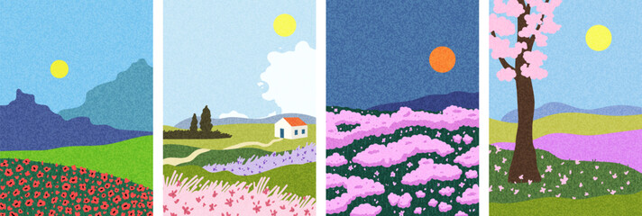 Set of spring summer landscapes vector illustration. Hand drawn wall art. Flowers, fields and meadows, trees, house.