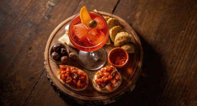 Italian aperitivo moment with Aperol Spritz and a selection of savory snacks on rustic wooden board