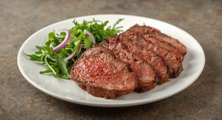 Sliced roast beef rib served with fresh arugula lettuce and onion salad on a plate with copy space