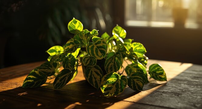 Vibrant ornamental Aglonema leaves glowing indoors on wooden table with sunlight