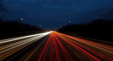 Obraz premium Motorway night photo with long exposure capturing blurred lights from vehicles and copyspace