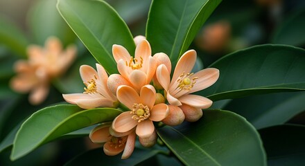 A cluster of orange flowers with green leaves in a natural setting