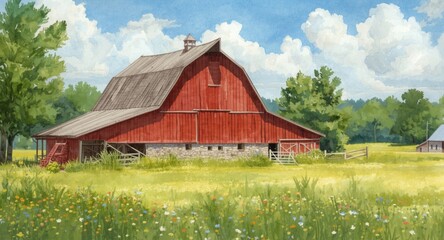 Obraz premium Watercolor painting of a red barn on green fields in a summer agriculture scene for a greeting card