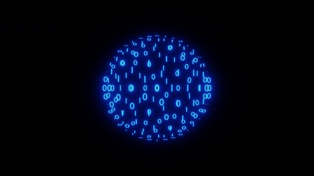 Loop of 5s Glowing blue and Green binary digits form a sphere on a black background, suggesting data, coding, and digital networks.