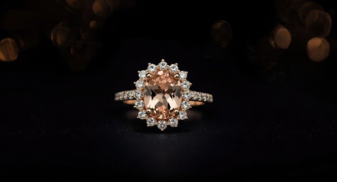 Macro photography of a gold ring with morganite centerpiece and diamond accents on dark