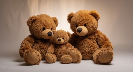 Obraz premium Two brown teddy bears and a baby bear sitting together on a white backdrop
