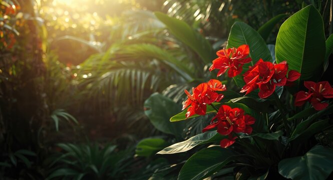 Group of vivid red anthurium plants showing blooming flowers
