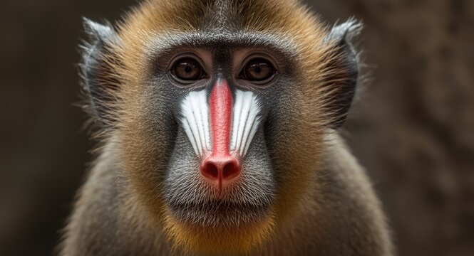 Mandrillus sphinx monkey face close-up with striking red nose and contrasting white mouth features