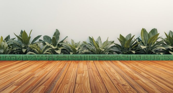 Swimming pool deck framed by blank wall, wooden floor, green tile, and natural plants