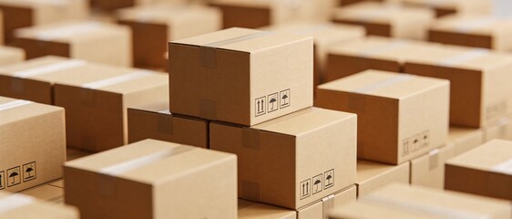 Fototapeta premium Stack of cardboard boxes ready for shipping and delivery in a warehouse