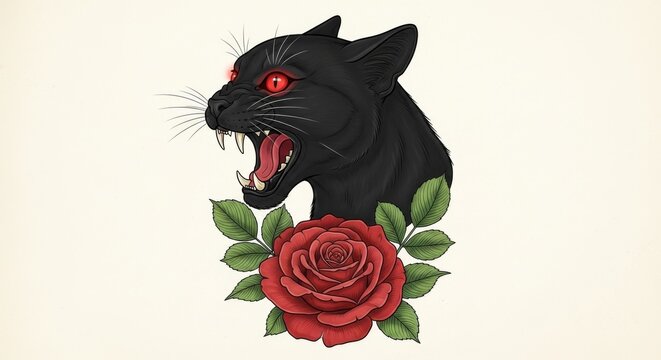 Black cat head snarling with glowing red eyes and red rose