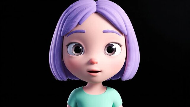 3D cartoon character of a young girl with purple hair and green shirt.
