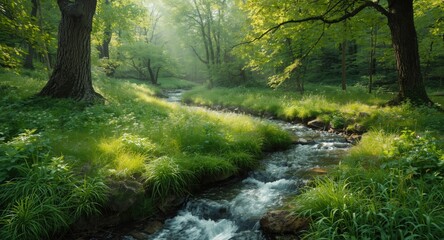 Obraz premium Spring season stream running through flourishing mountain woodland