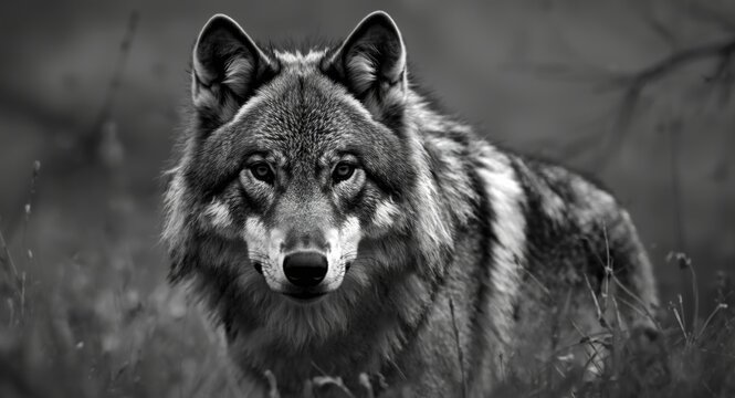 Monochrome wildlife photo featuring a focused terrestrial wolf with distinguished whiskers