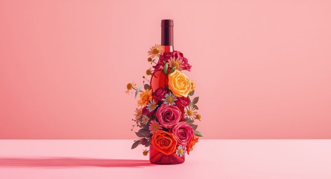 Rose wine bottle decorated with a colorful bouquet on a clean light background with copy space