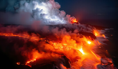 Fierce volcanic eruption meets the sea under a dark sky. Molten lava flows like rivers of fire into the crashing waves, creating thick plumes of steam. Massive ash clouds illuminated by jagged bolts