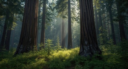 Obraz premium Dense forest setting with majestic towering Douglas Fir specimens